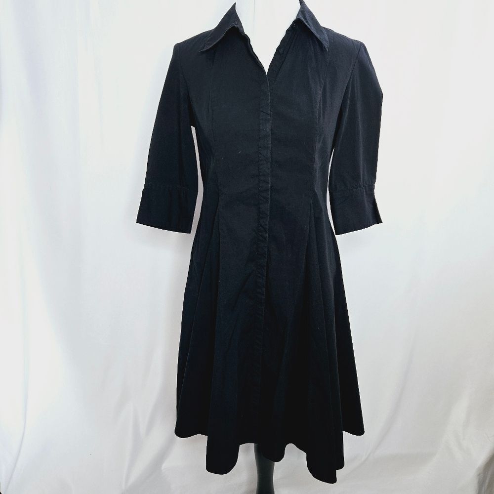 COLDWATER CREEK Women's Size 8 Black Cotton Poplin Collared Midi Shirt Dress